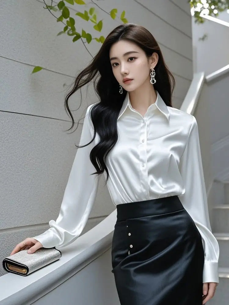 Elegant Silk Office Shirts Women Korean Fashion Y2k Clothes Slim Long Sleeve White Black Blusas Mujer Workwear Tops and Blouses