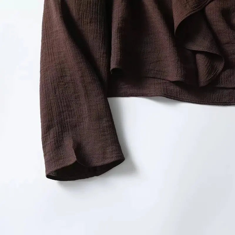 YENKYE Spring 2025 Women Brown Long Sleeve V Neck Ruffle Shirt Office Casual Blouse Blusas Mujer