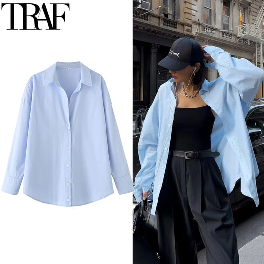 TRAF 2025 Women's Shirt Long Blue Shirt Women Spring Long Sleeve Oversize Shirts Blouses Korean Style Casual Button Up Shirts