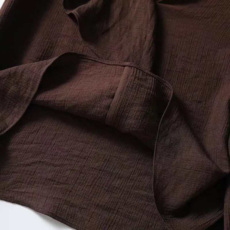 YENKYE Spring 2025 Women Brown Long Sleeve V Neck Ruffle Shirt Office Casual Blouse Blusas Mujer