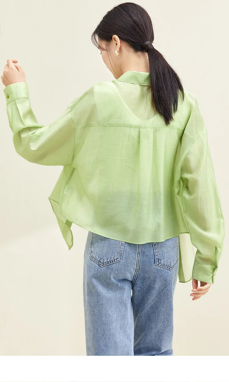 SENTUBILA Sheer Knot Shirts Women 2025 Elegant Casuals Long Drop Sleeve Button Up Shirts & Blouses Female Clothes 132C48674