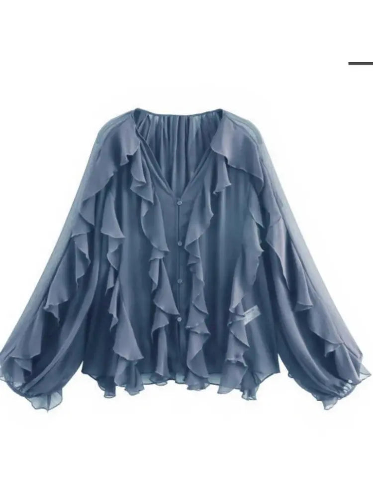 RBB Women's Summer V-Neck Ruffle Blouse – Sheer Tiered Button-Front Beach Top