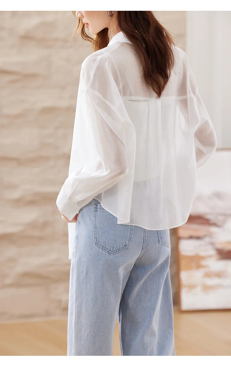 SENTUBILA Sheer Knot Shirts Women 2025 Elegant Casuals Long Drop Sleeve Button Up Shirts & Blouses Female Clothes 132C48674