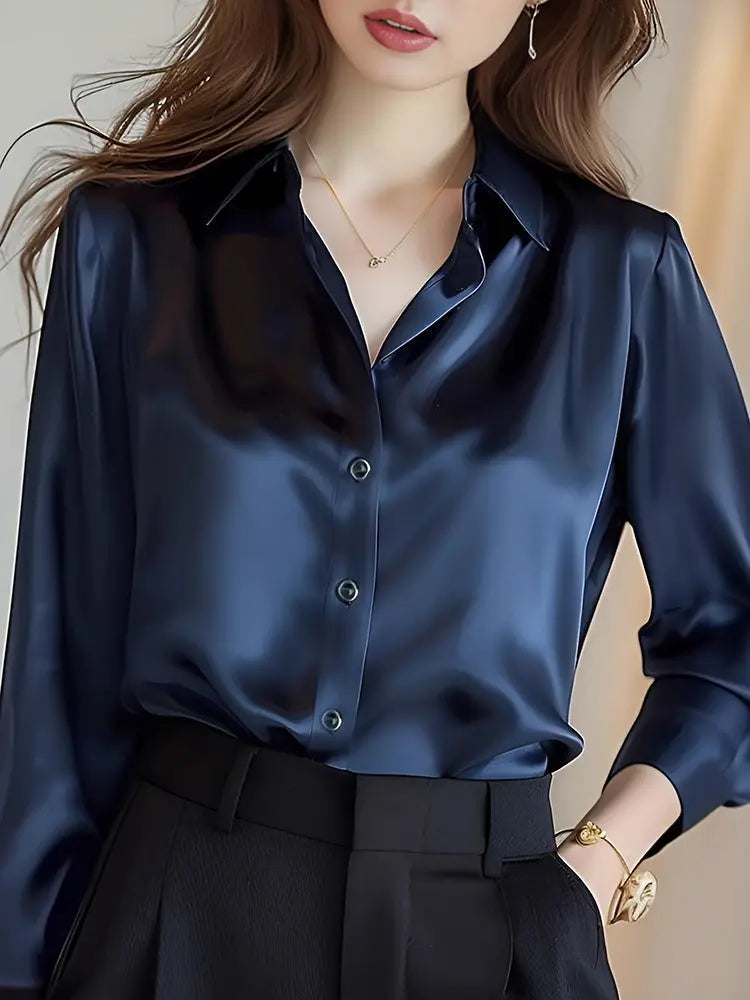 Elegant Silk Office Shirts Women Korean Fashion Y2k Clothes Slim Long Sleeve White Black Blusas Mujer Workwear Tops and Blouses