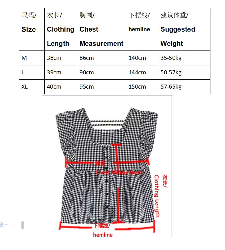 Women's Korean Style Cotton Summer Shirt - Breathable Square Neck Checkered Cute Loose Top with Small Flutter Sleeve