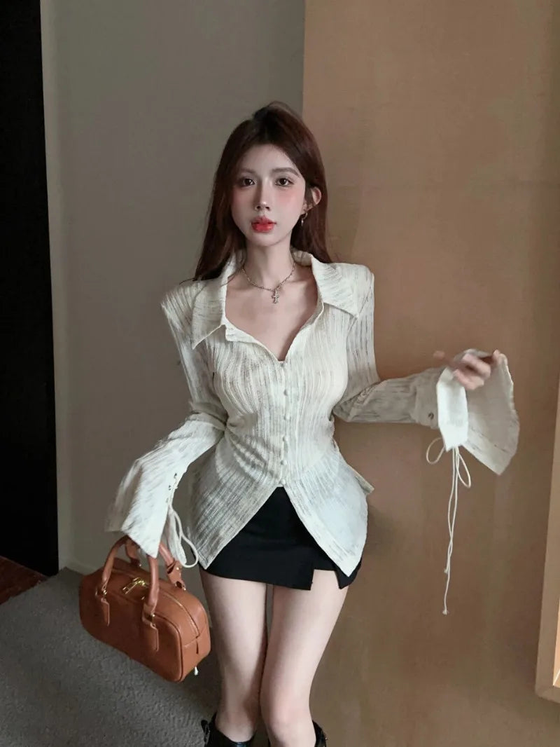 French Style Flare Sleeve Shirts for Women Retro Chic Lace-up Spring Autumn Elegant Feminine Sexy Tops Aesthetic Clothes Popular