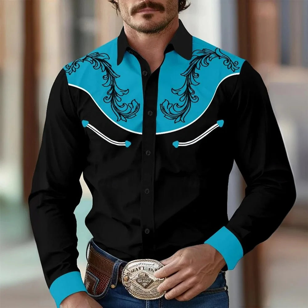 RBB Men’s Yellowstone Western Denim Shirt – Two-Tone Patchwork, Casual Long Sleeve