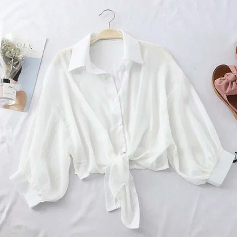 RBB Women's Elegant Hollow Blouse – Tied Waist Chiffon Shirt with Bat Half Sleeves (Summer