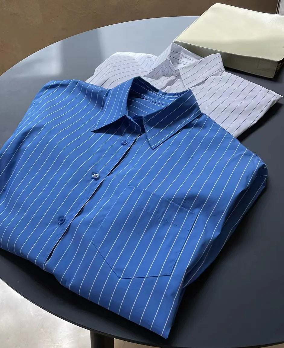 Spring/Summer Women's Striped Polo Neck Long Sleeve Pocket Decoration Loose Shirt