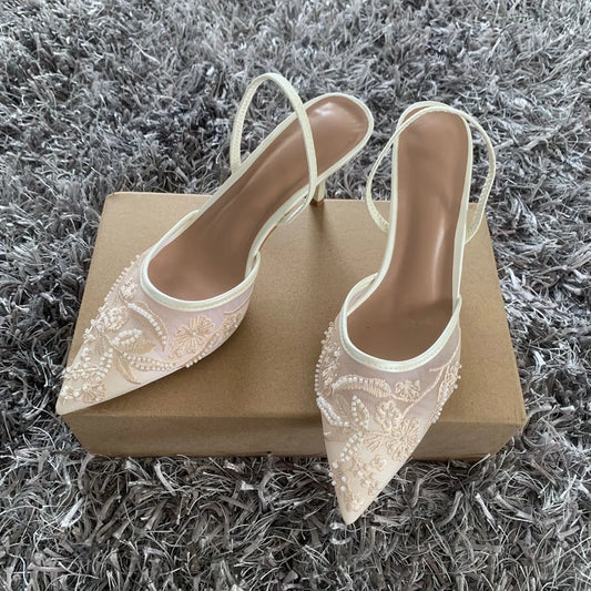 RBB Designer White Wedding Pumps – Embroidered Mesh Floral Slingback High Heels for Women