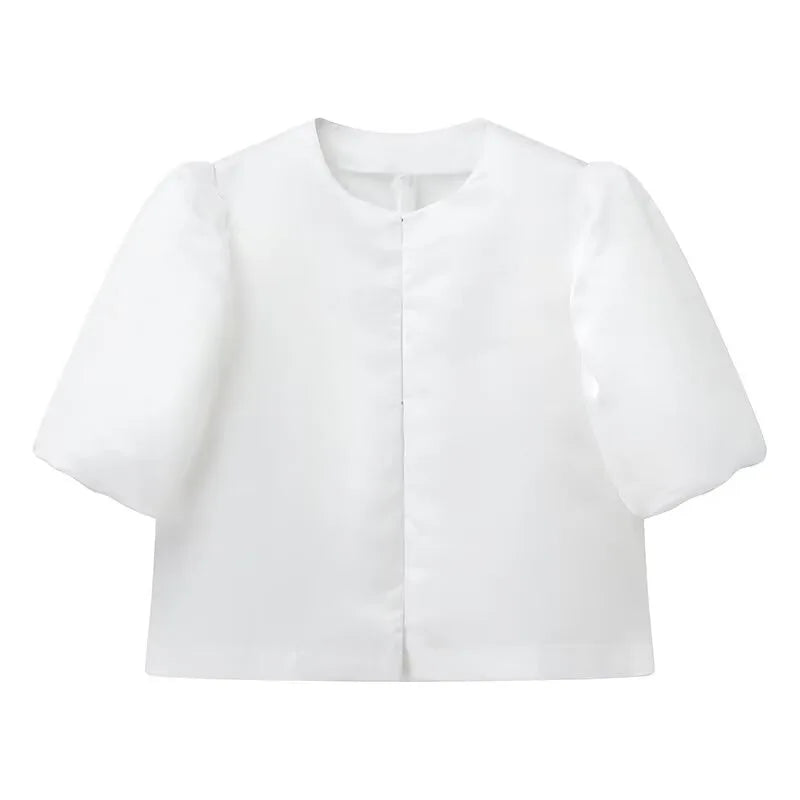 Spring Summer New Women's Fashion Casual Shirt Satin Bubble Sleeves Round Neck Loose Short Top Female Elegant Solid Blouses