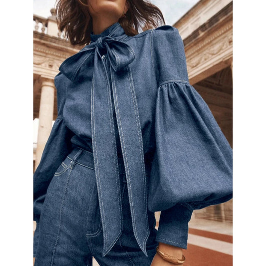 RBB Women's Imitation Denim Blouse – High Neck Puff Sleeve Top with Bow Detail
