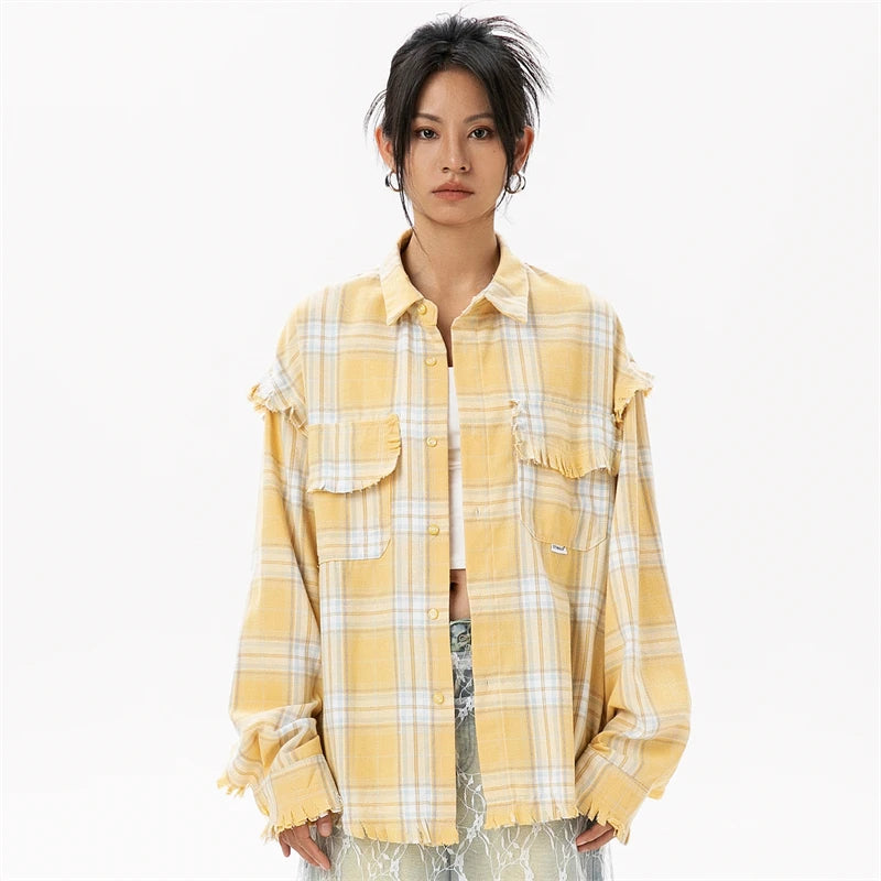 Elegant Women's Blouses 2024 Autumn 100 Cotton Yellow Plaid Shirts for Women Ladies Clothes in Offers Women's Long Sleeve Top