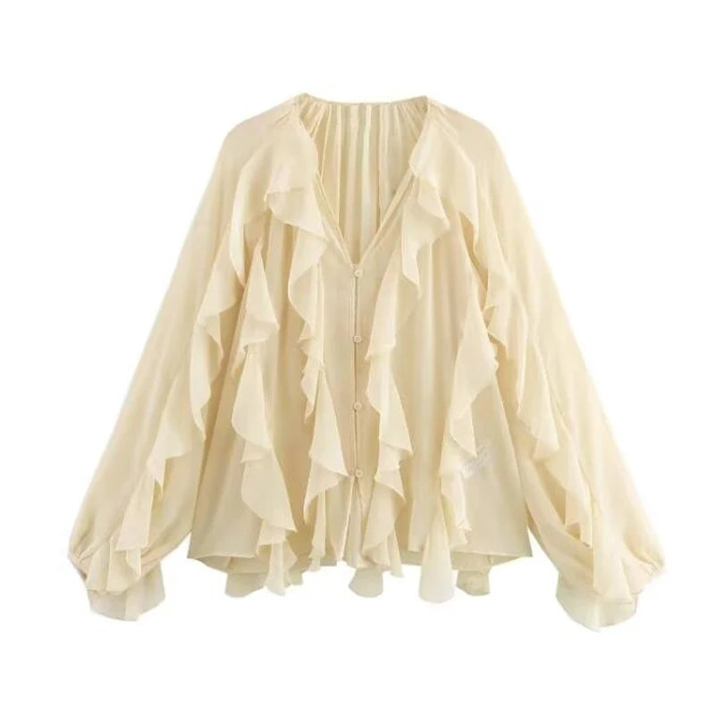MUJER 2025 Ruffle Blouses for Women Semi Sheer Shirts and Blouses Woman Summer Casual Blouses Woman Fashion Tops Womens Blouses