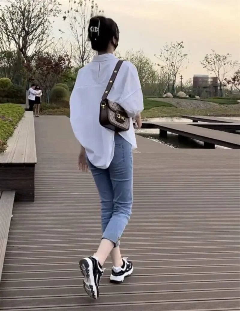 Cotton Mid-sleeve Thin Woman Blous Shir 2025 Summer New Loose Fashion Irregular Shirt Casual Vacation Top Korean Women's Clothes