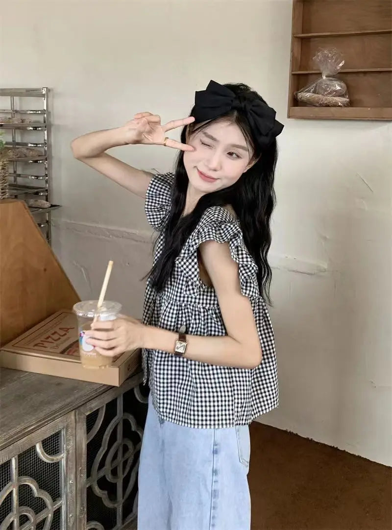 Women's Korean Style Cotton Summer Shirt - Breathable Square Neck Checkered Cute Loose Top with Small Flutter Sleeve