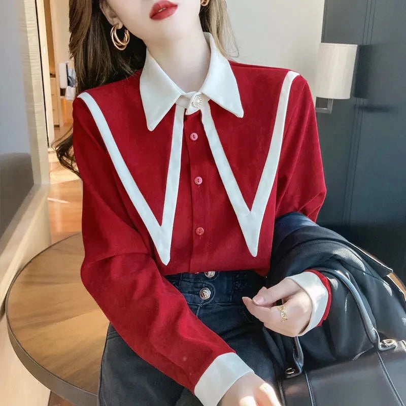 MEXZT Vintage Chiffon Shirts Women Elegant Patchwork Long Sleeve Blouses Office Lady Korean Black Turn Down Collar Casual Tops