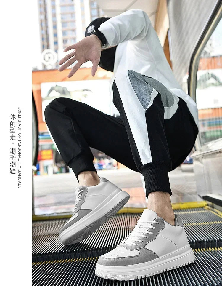 PDEP Men's 10cm Elevator Sneakers – White Leather, Sport Style