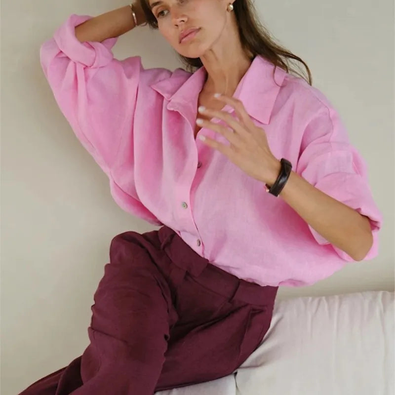 Epligg Women's White Shirt Long Sleeve Elegant Pink Loose Fashion Blouse Summer Vintage Basic Top Collar Shirt for Women