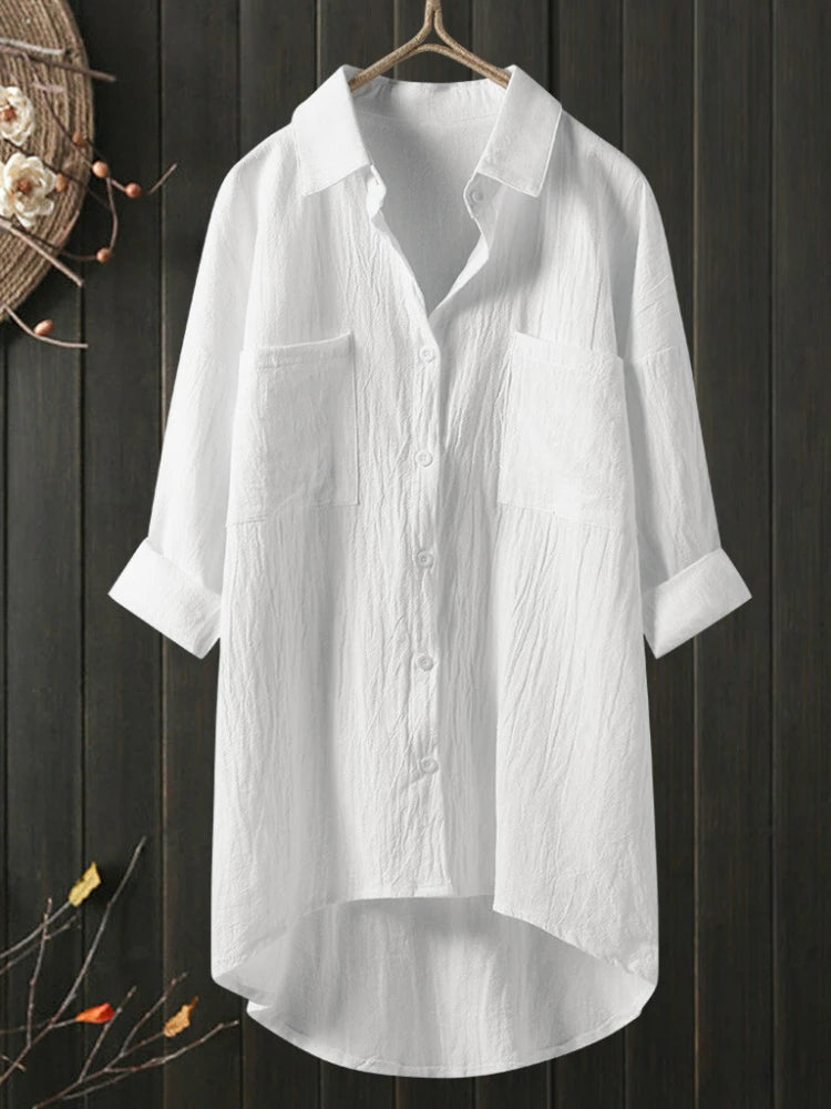 Elegant and Youth Woman Blouses Casual Home Cotton Linen Large Size Single Breasted Commuting Style Long Sleeved Shirt