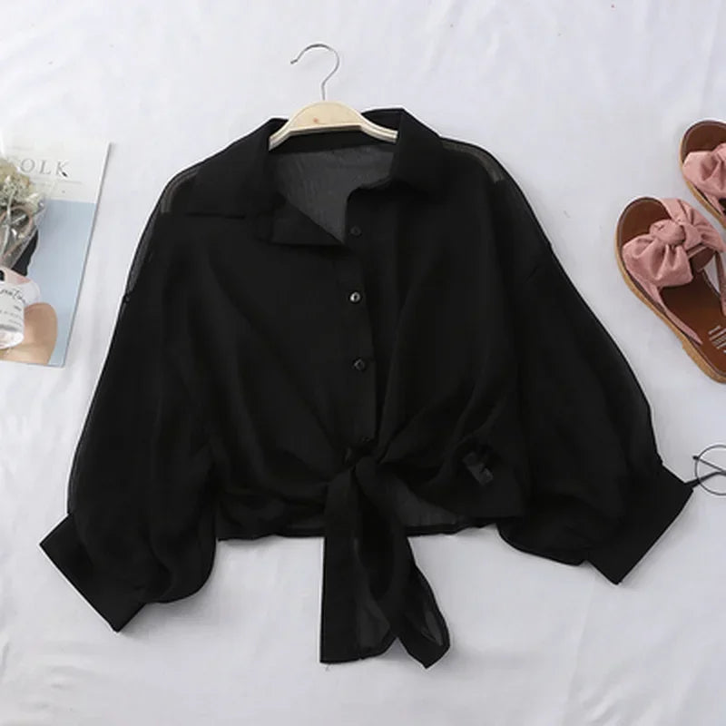 RBB Women's Elegant Hollow Blouse – Tied Waist Chiffon Shirt with Bat Half Sleeves (Summer