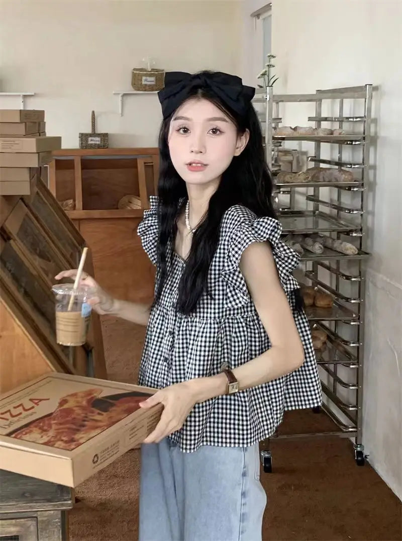 Women's Korean Style Cotton Summer Shirt - Breathable Square Neck Checkered Cute Loose Top with Small Flutter Sleeve