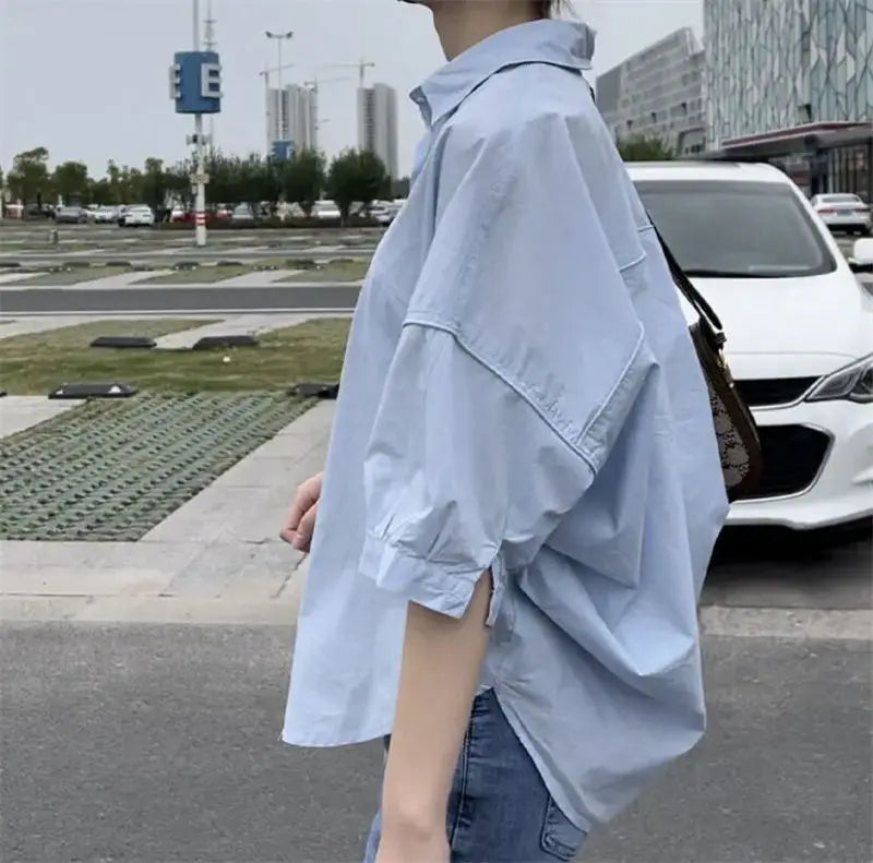 Cotton Mid-sleeve Thin Woman Blous Shir 2025 Summer New Loose Fashion Irregular Shirt Casual Vacation Top Korean Women's Clothes