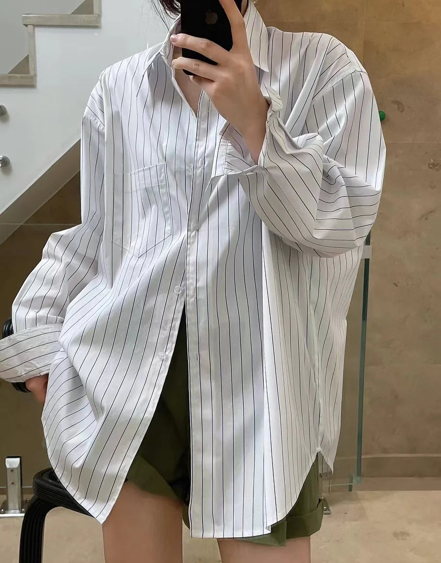 Spring/Summer Women's Striped Polo Neck Long Sleeve Pocket Decoration Loose Shirt