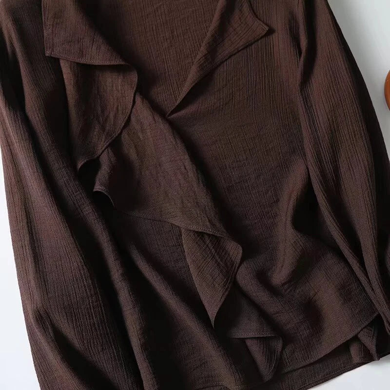 YENKYE Spring 2025 Women Brown Long Sleeve V Neck Ruffle Shirt Office Casual Blouse Blusas Mujer