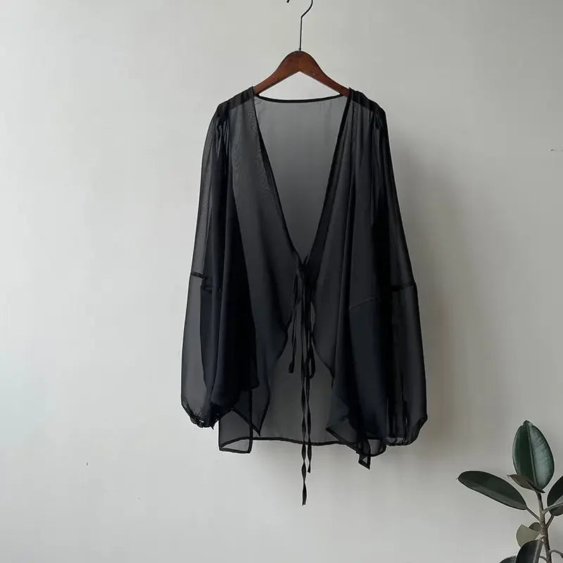 RBB Women's V-Neck Chiffon Shirt – Loose Fit Lace-Up Long Sleeve Summer Blouse