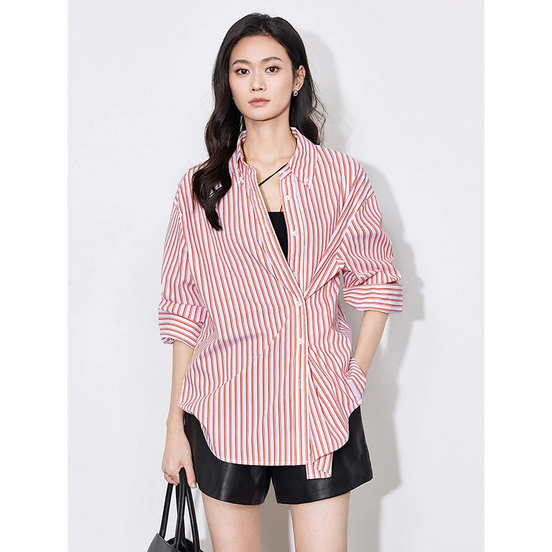 TOYOUTH Women Blouse Shirt 2025 Spring New Lyocell Long Sleeve Striped Cotton Sunscreen OL Shirt Tops
