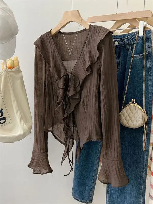 Blouses for Women Chemise Femme Women's Ruffled Flared Shirts Blusas Femininas Elegantes Tops Vintage Spring Shirt Thin Coat