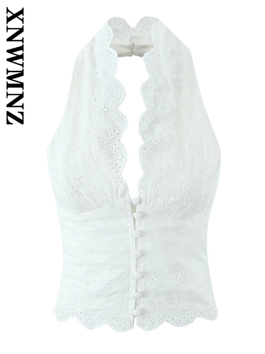XNWMNZ 2024 Winter New Woman Elegant Halter Collar Waistcoat Vest Trendy Autumn Lady Sleeveless Gilet Hollow Out Regular Fit Top
