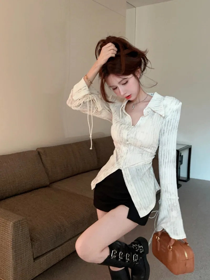 French Style Flare Sleeve Shirts for Women Retro Chic Lace-up Spring Autumn Elegant Feminine Sexy Tops Aesthetic Clothes Popular