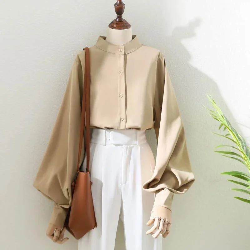 RBB Women's Lantern Sleeve Blouse – Elegant Stand Collar Loose Shirt for Spring & Autumn