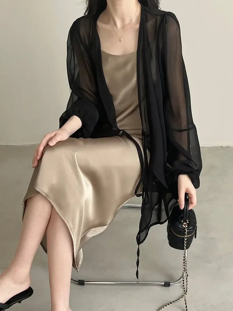 RBB Women's V-Neck Chiffon Shirt – Loose Fit Lace-Up Long Sleeve Summer Blouse