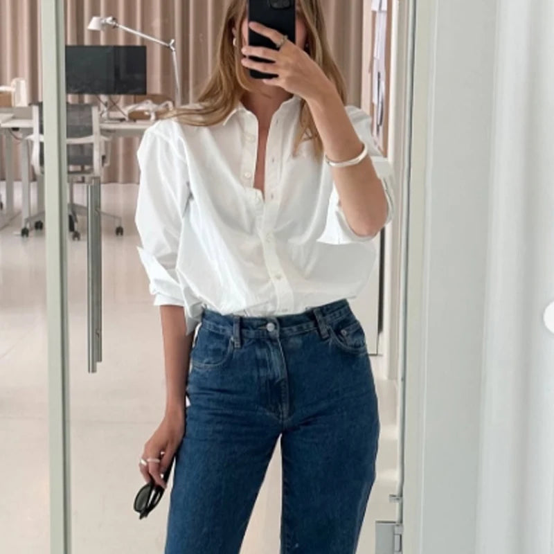 TRAF 2025 Women's Shirt Long Blue Shirt Women Spring Long Sleeve Oversize Shirts Blouses Korean Style Casual Button Up Shirts