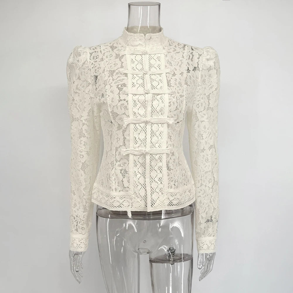 Tuularose Luxury Lace Blouse Fashion Lace Print Single Breasted Slim Shirt Vintage Elegant Party Looks Summer Women Blouse Tops