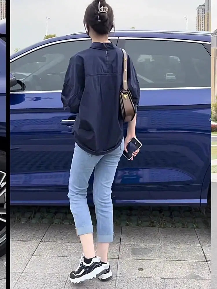 Cotton Mid-sleeve Thin Woman Blous Shir 2025 Summer New Loose Fashion Irregular Shirt Casual Vacation Top Korean Women's Clothes