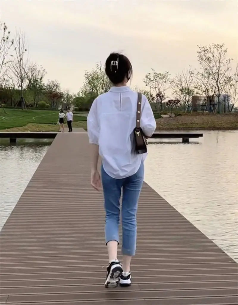Cotton Mid-sleeve Thin Woman Blous Shir 2025 Summer New Loose Fashion Irregular Shirt Casual Vacation Top Korean Women's Clothes