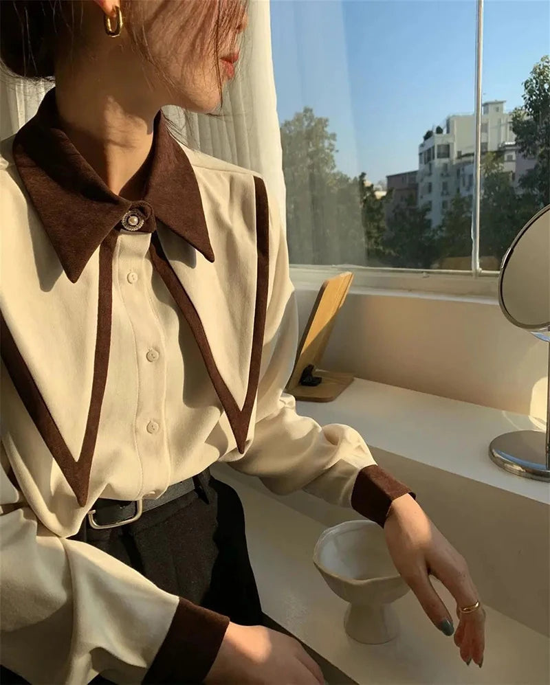 MEXZT Vintage Chiffon Shirts Women Elegant Patchwork Long Sleeve Blouses Office Lady Korean Black Turn Down Collar Casual Tops