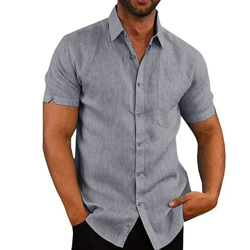 RBB Men’s Summer Cotton Linen Shirt – Short Sleeves, Turn-Down Collar, Casual Beach Style