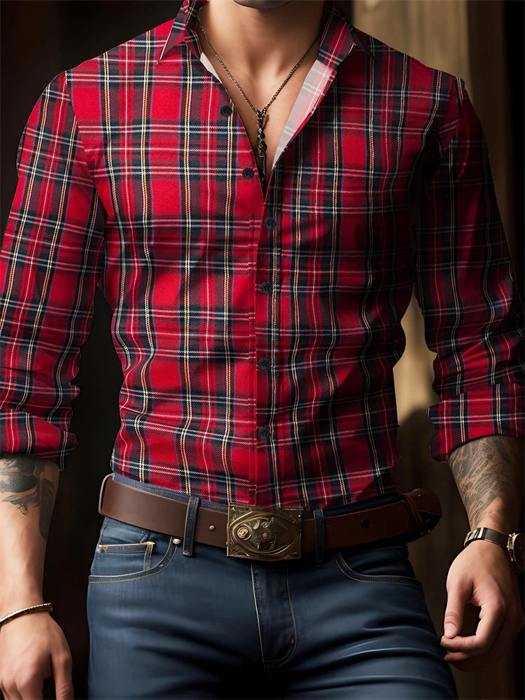 RBB Men’s Check Print Button-Down Shirt – Oversized Streetwear, Long Sleeve